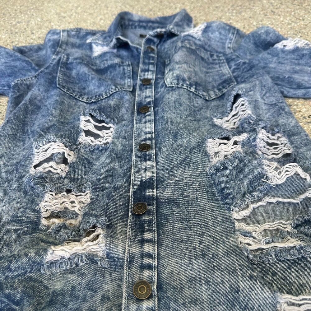 Thrill Jeans Shirt 2XL Buttoned Destroyed Distressed Blue Washed Denim Shirt